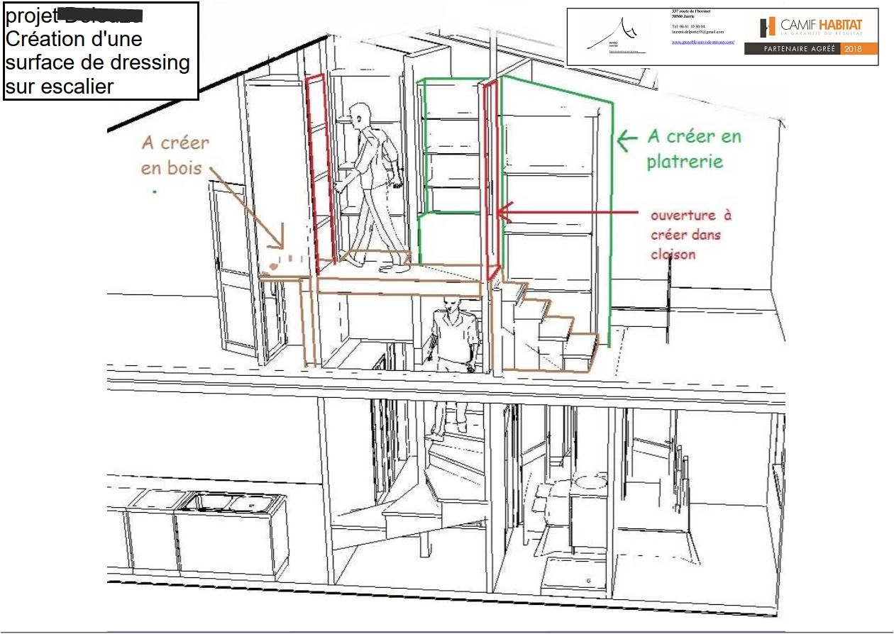 plan; esquisse,aménagement dressing, cage d&#039;escalier,claix