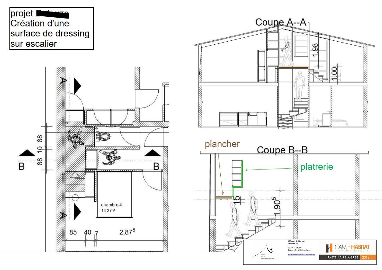 plan; esquisse,aménagement dressing, cage d&#039;escalier,claix