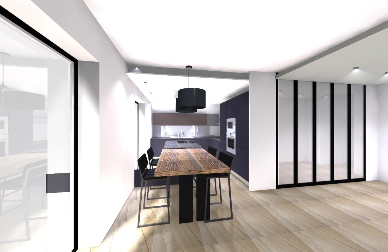 vue 3D,salon, salle à manger, perspective, rénovation chambéry