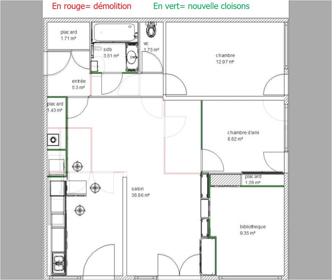 plan démolition avant apres reconstruction nouvelles cloisons voiron